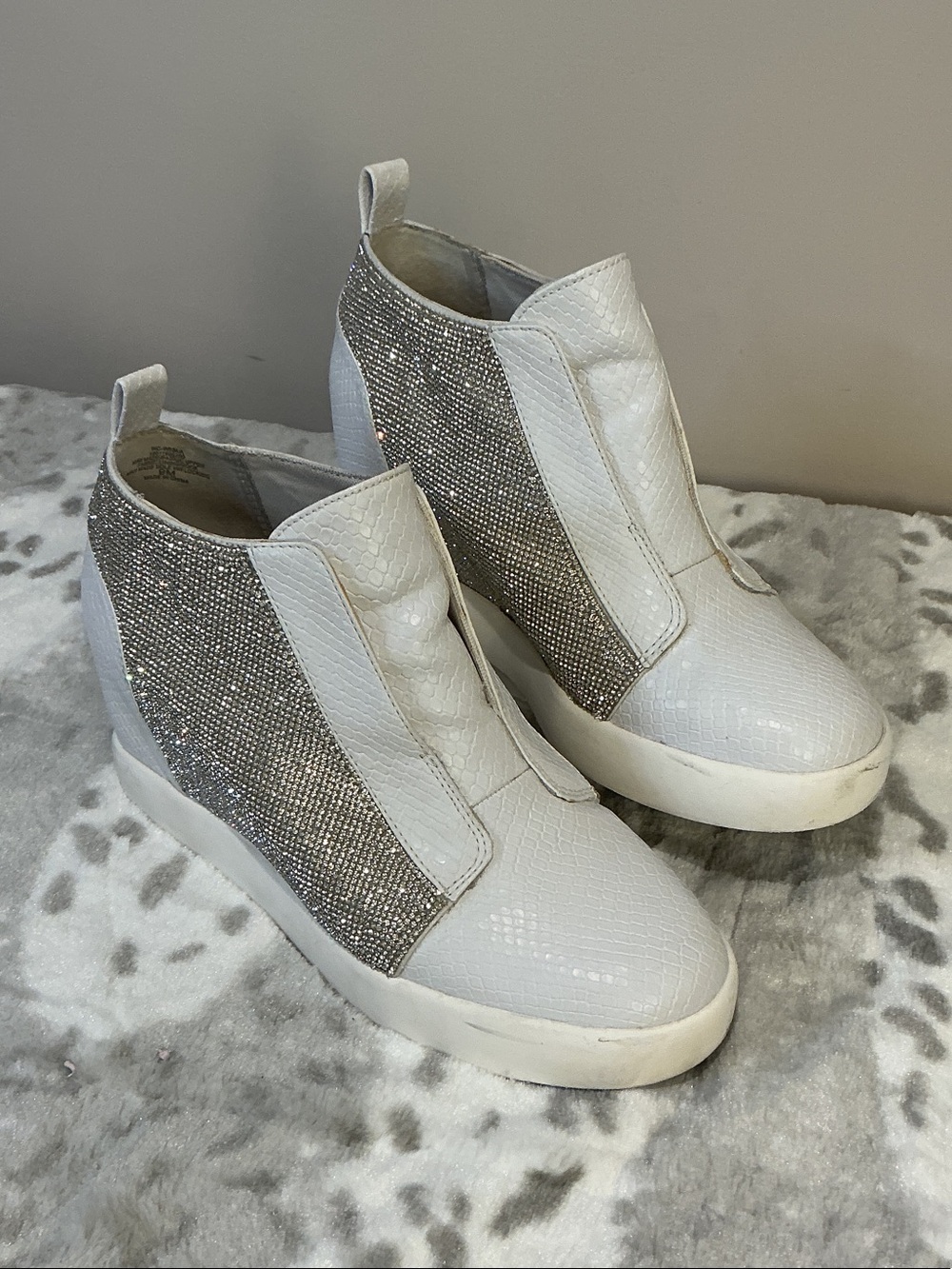 INC International Concepts Wesla, white and silver crystal wedge sneakers,size 9